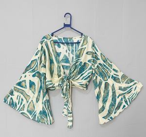 Top de Verano Corto de Punto con Estampado Floral Bohemio para Fiesta en la Playa, Transpirable, con Mangas Campana y Lazos, Ecológico y Antiarrugas para Mujer - Product Image 6