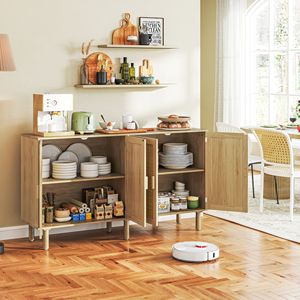 Credenza Artigianale Bohemien da 158 cm con 4 Ante in Rattan e Ripiani per Soggiorno o Corridoio in Stile Rustico, Legno Naturale - Product Image 4