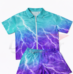 Ensemble court 2 pièces personnalisé pour homme, imprimé 3D Éclair Bleu, survêtement d'été, polo zippé et short assortis - Product Image 4