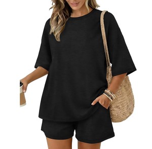 Women's Black 2-Piece <b>Knitted</b> <b>Set</b> O-Neck Loose Top With Pocket Shorts Casual Breathable Spring Summer Wear - Product Image 1