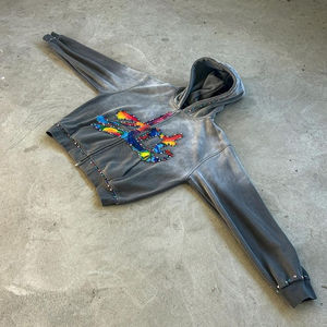 Sudadera con Capucha para Hombre, Diseño Personalizado OEM, de Alta Calidad, Invernal, Ecológica, Estilo Vintage, Lavado Ácido, Estampado Urbano, Decorada con Pedrería - Product Image 3