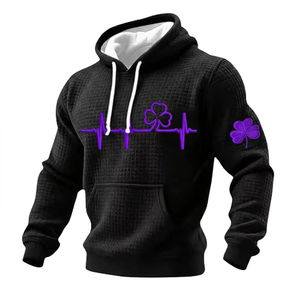 เสื้อฮู้ดดี้วาฟเฟิลสีม่วงสำหรับผู้ชาย พร้อมลาย Clover ECG ด้านหน้าและแขนเสื้อ สวมใส่สบายๆ ในฤดูใบไม้ร่วง - Product Image 3