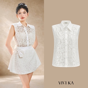 Blusa sin mangas de encaje floral para mujer con hombreras, cuello clásico y botones frontales, 100% poliéster GINNY - Product Image 1