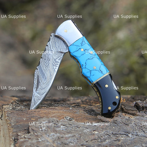 UA Supplies Luxury Industrial Grade Damascus Steel Back <b>Lock</b> Clip Point Folding Knife Turquoise Gemstone Handle Handmade Hunting - Product Image 3