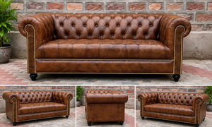 Sofá Chesterfield de Cuero Marrón Vintage con Tapicería Acolchada Profunda, Brazos Enrollados, Adornos con Tachuelas y Muebles Clásicos para Sala de Estar - Product Image 6