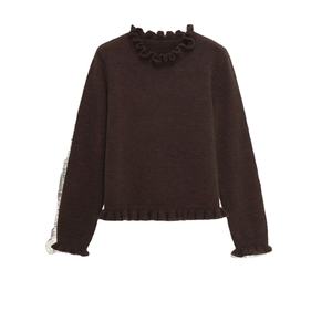 2025 otoño nuevo suéter tejido de manga larga con cuello redondo fruncido estampado en capas Simple de temperamento Vintage para mujer - Product Image 2