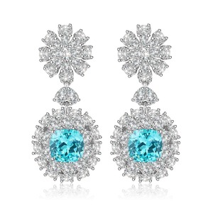 Luxury Flower Drop <b>Earrings</b> With Blue Zircon And <b>Diamond</b> Cluster 925 Silver Women's Wedding Jewelry - Product Image 5