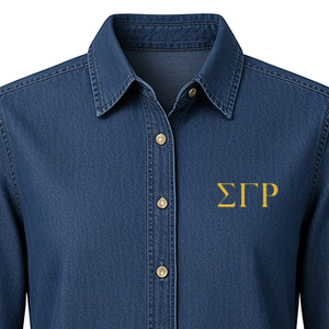 เสื้อเชิ้ตเดนิมสีน้ำเงินเข้มสำหรับผู้หญิง ปักลายตัวอักษรกรีกสีทอง แขนยาว ปกคอเสื้อพับได้ สไตล์ลำลองแฟชั่น - Product Image 5