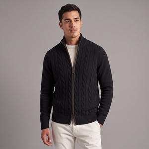 Suéter de punto trenzado a cuadros beige de poliéster Antom Enterprises 12GG para hombre, transpirable, de secado rápido, antipilling, 320g, con cremallera frontal, ideal para otoño (ODM) - Product Image 4