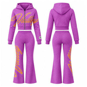 Survêtement violet à capuche pour femme, fermeture éclair intégrale avec poches latérales, motif lettres imprimé par transfert thermique, style décontracté - Product Image 1