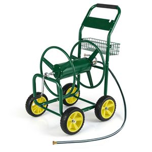 Carrello Avvolgitubo da Giardino in Metallo con 4 Ruote e Cesto Portaoggetti - Product Image 3
