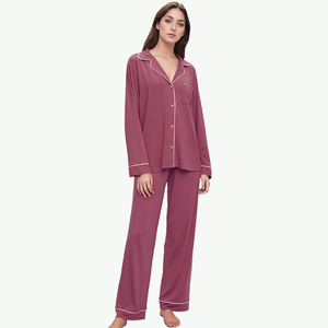 Ensemble de pyjama pour femmes en coton 100% respirant, manches longues, boutons sur le devant, bleu marine uni, vêtements de nuit classiques, deux pièces, vêtements de maison - Product Image 4
