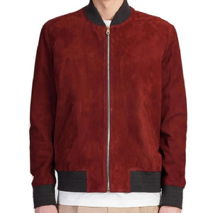 Men's Red <b>Suede</b> <b>Bomber</b> <b>Jacket</b> Casual Stand Collar Zipper Closure Autumn Solid Color Regular Fit - Product Image 1