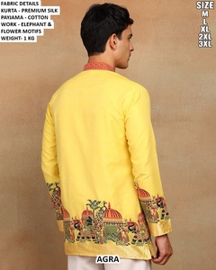 Men's White Premium <b>Silk</b> <b>Kurta</b> With Elephant And Flower Motifs Regular Fit Traditional Indian Pakistani Style Agra Design - Product Image 3