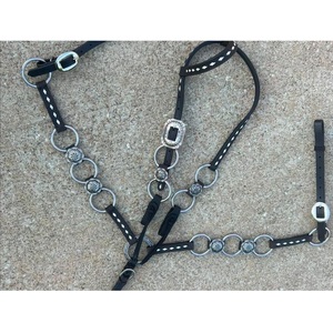 Western <b>Black</b> Leather Comfortable Durable One Ear Horse Headstall & Breast Collar Set Silver Ring Conchos Handcrafted Tack Gear - Product Image 2
