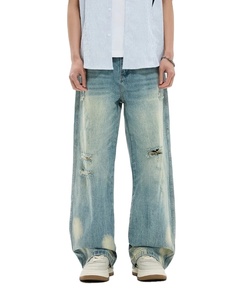 2025 nuevos Pantalones vaqueros de moda para hombre, pantalones vaqueros holgados rectos de 100% algodón con etiqueta personalizada, pantalones de calle informales de negocios de lujo de alta calidad - Product Image 1