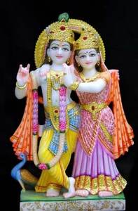 Magnifiques idoles de Radha Krishna en marbre blanc faites à la main, en position debout, avec une main en bénédiction pour le culte et le temple - Product Image 2