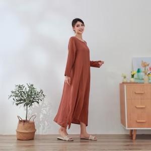 Robe midi vintage en coton biologique à taille haute, coupe trapèze, manches courtes, respirante, légère, confortable, pour un usage quotidien, pour femmes - Product Image 1