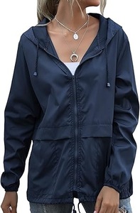 Veste coupe-vent pour femme de qualité supérieure, couleur bleu marine, avec capuche, fermeture éclair, style sport, veste oversize allongée - Product Image 2