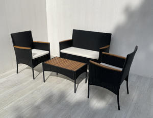 4P00077 Moderno Conjunto de Sofá de Ratán para Exteriores con Mesa de Centro y Sillas, Mimbre Negro, Cojines Blancos Crema, para Sala de Estar, Patio, Villa, Escuela - Product Image 4