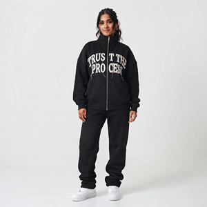Conjunto de chándal de invierno para mujer con cremallera completa, chaqueta de forro polar con cuello alto y pantalones de chándal de algodón de 500 GSM, estilo oversize - Product Image 1