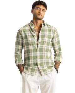 Camisa casual a cuadros verde salvia para hombre, de algodón y poliéster, manga larga, con botones, para venta al por mayor, proveedor OEM de exportación. - Product Image 1