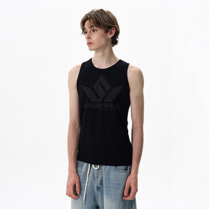 Men's <b>Black</b> Sleeveless <b>Tank</b> <b>Top</b> O-Neck 100% Cotton Knitted Breathable Casual Regular Fit Front Graphic Print Muscle Vest - Product Image 4