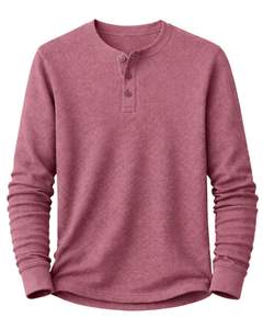 เสื้อยืดแขนยาวทรงเฮนลีย์ผ้าวาฟเฟิลสำหรับผู้ชาย สีชมพูอมเทา สวมใส่สบาย คอติดกระดุม เหมาะสำหรับฤดูหนาว ผ้าฝ้ายทรงเข้ารูป ระบายอากาศได้ดี - Product Image 1