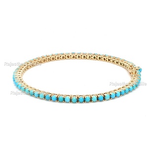 Bracelet de tennis en or jaune massif 14 carats turquoise naturelle coupe ronde pierre précieuse taille 2.5mm - Product Image 2