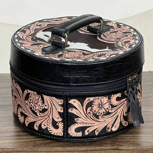 Premium <b>Black</b> Tooled Floral <b>Leather</b> Travel Organizer Case Stylish Vanity Box Makeup Necklace Rings Organizer Women Jewelry Case - Product Image 4
