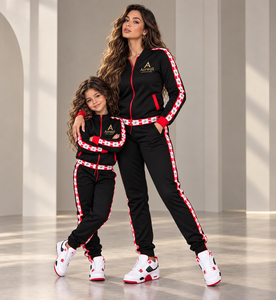 Wholesale Women Kids <b>Matching</b> Black Red Winter Tracksuit <b>Set</b> Custom Logo Full Zip Jacket Lightweight <b>Jogger</b> Pants Family - Product Image 1