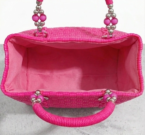 Handmade Hot Pink Woven Plastic <b>Straw</b> Tote <b>Bag</b> Stylish Summer Beach Handbag Women Beaded Handles Rainbow Charms Cute <b>Shopper</b> <b>Bag</b> - Product Image 4