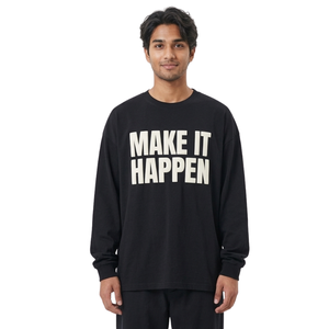 Camisetas de manga larga para hombre, de corte holgado, estilo streetwear, color negro intenso, con tipografía 'Make It Happen', de algodón, con cuello redondo - Product Image 1