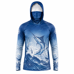 เสื้อตกปลาแขนยาวมีฮู้ดสีน้ำเงินสำหรับผู้ชาย พิมพ์ลายคลื่นมาร์ลินด้วยเทคนิค Heat-Transfer ป้องกันรังสียูวี UPF 50 แห้งเร็ว ปรับแต่งได้ เหมาะสำหรับกิจกรรมกลางแจ้ง - Product Image 3