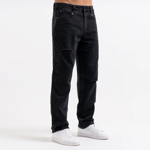 Jeans en denim brodés à jambe droite, neutres, de haute qualité, personnalisés, délavés, coupe amincissante, style streetwear, effet froissé, pour le marché urbain - Product Image 3