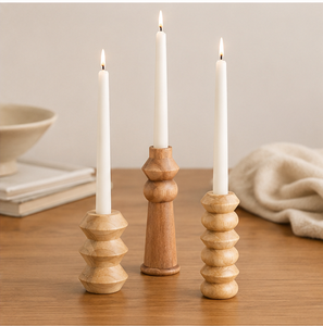 Set Of 3 Natural Wood Taper Candle Holders Hand-Turned Varied Shapes For Modern Farmhouse Home Decor Dining Table Centerpiece - Product Image 2