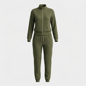 Women's Olive Green 2 Piece Knitted Tracksuit Full Sleeve Zipper <b>Top</b> Jogger Pants Casual Sportswear Set All Seasons - Product Image 1