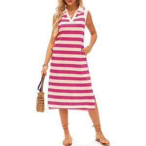 Abito Estivo Casual da Donna 2025, Lunghezza Midi, Scollo a V, Design a Righe Senza Maniche, Vestibilità Ampia, Colore Rosa - Product Image 2