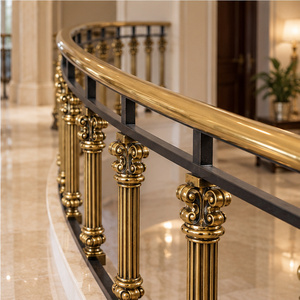 Rampe en bronze courbée avec poteaux décoratifs cannelés et accents de cadre noir pour escaliers, main courante et balustrade métalliques - Product Image 4