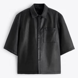 Chemise en cuir PU noir pour homme, manches courtes, boutonnée, style décontracté streetwear, haut tendance, OEM personnalisé, vente en gros - Product Image 1