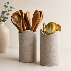 Ensemble de porte-ustensiles en porcelaine mouchetée, design à bord incurvé, finition lisse, résistant aux éclats, résistant à la chaleur, organisateur de rangement pour comptoir de cuisine - Product Image 1
