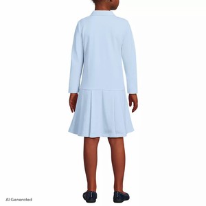 Vestido escolar de punto de algodón para niñas, uniforme escolar, polo de manga larga, 100% algodón, color azul claro. - Product Image 4