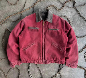 Blouson bomber en toile rouge pour homme, col rabattu, fermeture à bouton unique, style workwear, 100% coton, séchage rapide, respirant, hiver - Product Image 5