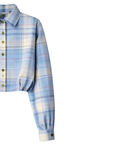 Chemisier court personnalisé à carreaux bleus pour femme, col rabattu, manches longues, boutonné, style décontracté, fabricant OEM - Product Image 4