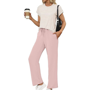 Ensemble décontracté chic pour femme, haut à manches courtes coupe ample, pantalon large, impression personnalisée - Product Image 1
