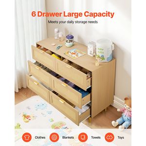 Cómoda Moderna de Madera y Ratán con 6 Cajones, Tiradores y Patas Metálicas, Cómoda Doble para Dormitorio, Cajonera de Ratán Natural - Product Image 2