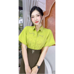 Vêtements écologiques pour femmes, chemise à manches courtes avec broderie florale, haut uni décontracté pour le bureau, toutes saisons, pour le travail - Product Image 4