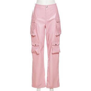 Pantalones Cargo de Mujer de Cintura Alta Rosa, Tejidos, de Pierna Ancha, con Múltiples Bolsillos, Cierre de Botones, Casuales, Largos, con Bloques de Color - Product Image 1