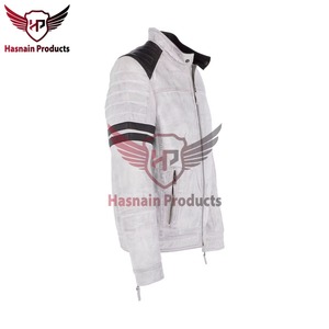Chaqueta de Cuero Genuino Blanca para Hombre con Parches Negros en Contraste, Estilo Biker, Motociclista, Cafe Racer, de Piel de Vacuno, con Hombros Acolchados, Personalizada, para Invierno - Product Image 3