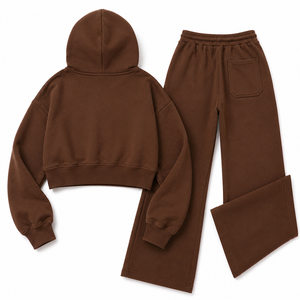 OEM Brown <b>Cropped</b> <b>Zip</b> <b>Up</b> Tracksuit Set Wide Leg Pants Casual Athleisure OEM Private Label Custom Logo Sweatshirt And Sweatpants - Product Image 4